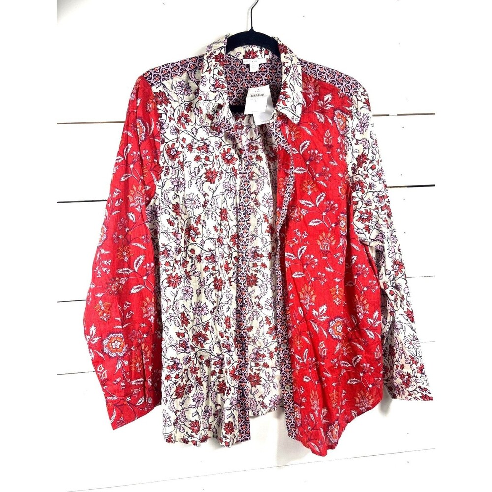 J.Jill womens Blouse Size L Floral Patchwork Print Red Cream Navy Soft Color